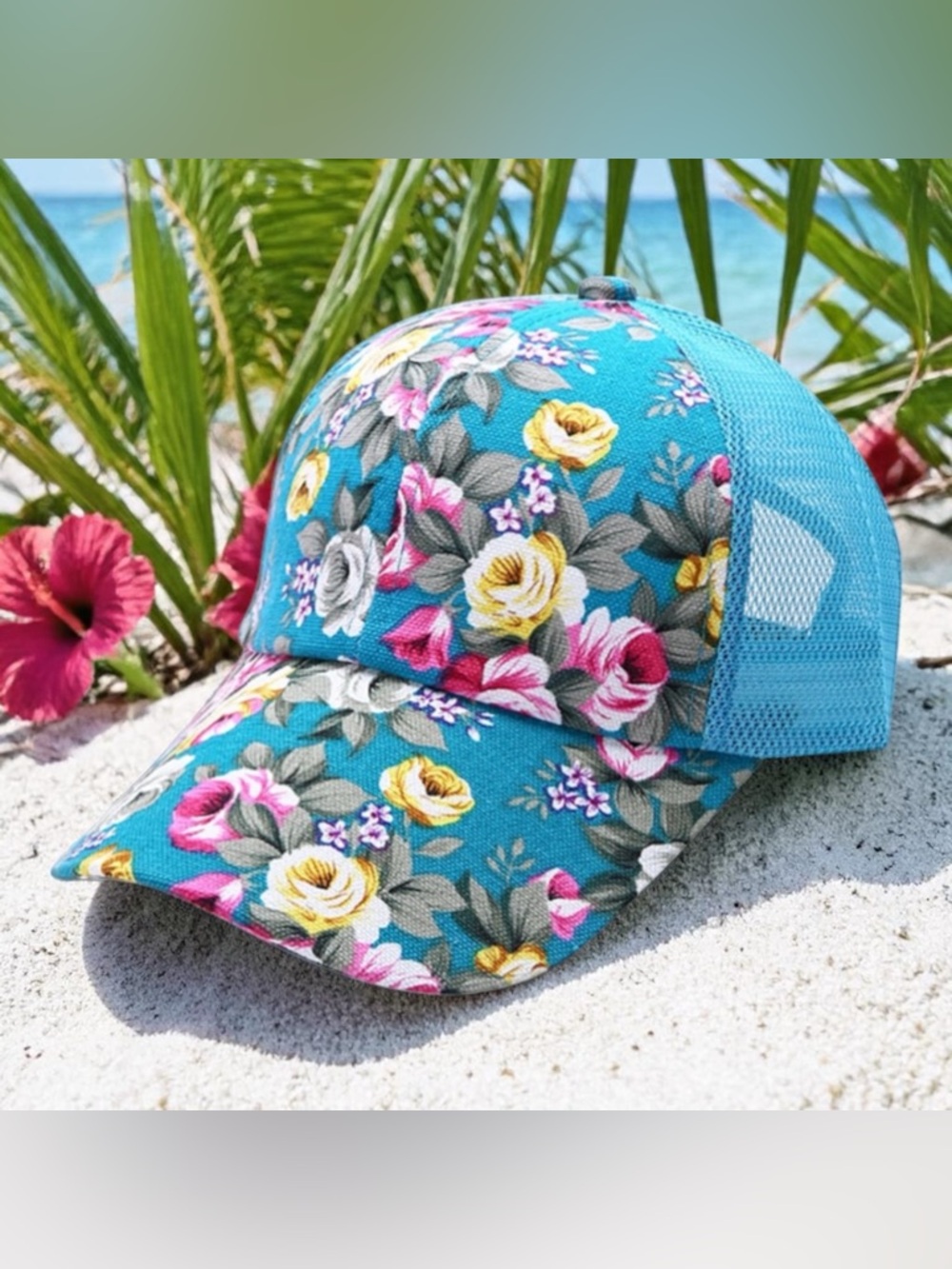 7034. Turquoise Floral Mesh Trucker Hat